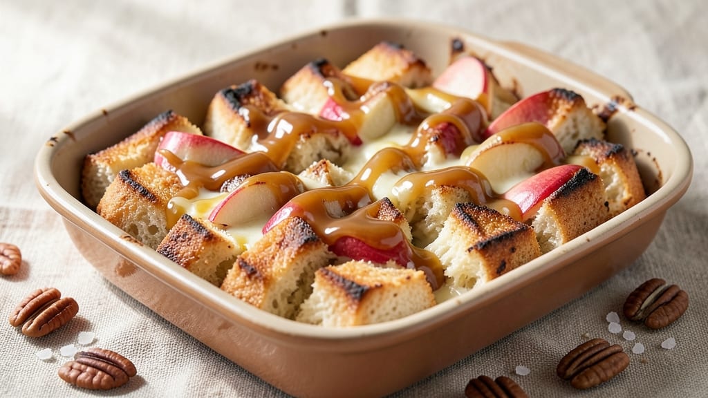 Recipe for Apple Bread Pudding with Caramel Sauce: Warm Spice and Gooey Apple Layers
