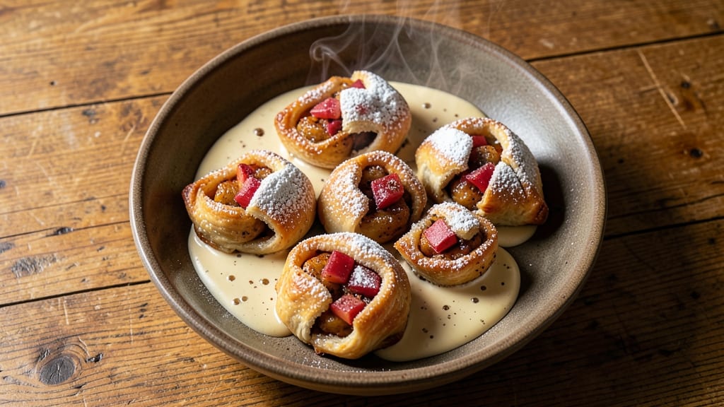 Recipe Apple Dumplings with Vanilla Sauce: Warm Spiced Apple Filling Hugged by Buttery Streusel