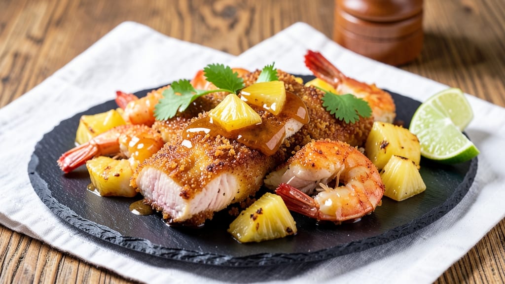 Crispy Pineapple Chicken and Shrimp Recipe: Tropical Caramelized Glaze With Celery Pepper Crunch