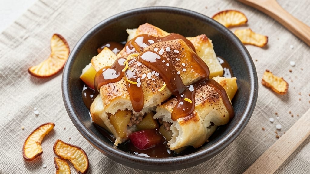 Apple Dumplings Recipe with Caramel Sauce: Warm Spice and Crunchy Celery Topping